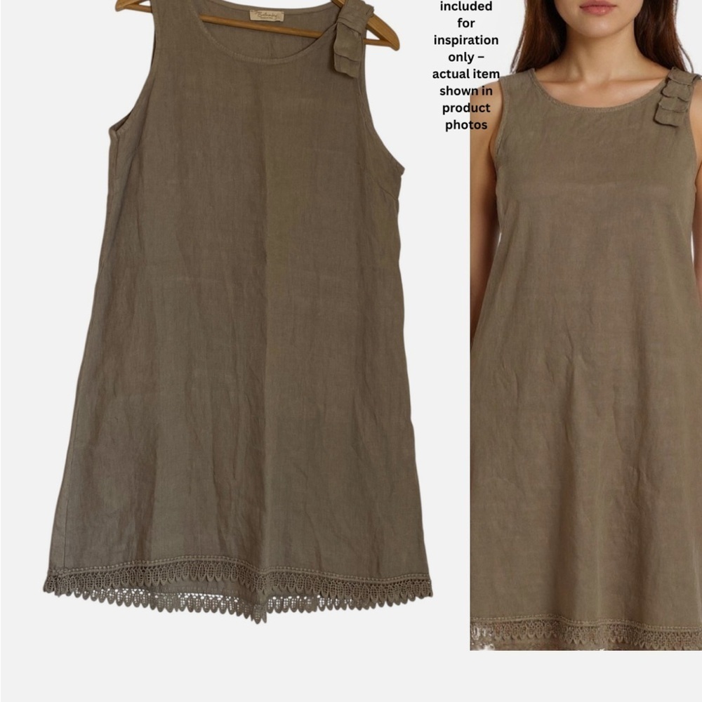 BELLA UMBRA 100% Linen Shift Dress Italy Crochet Hem Beige Tan Boho Minimalist L